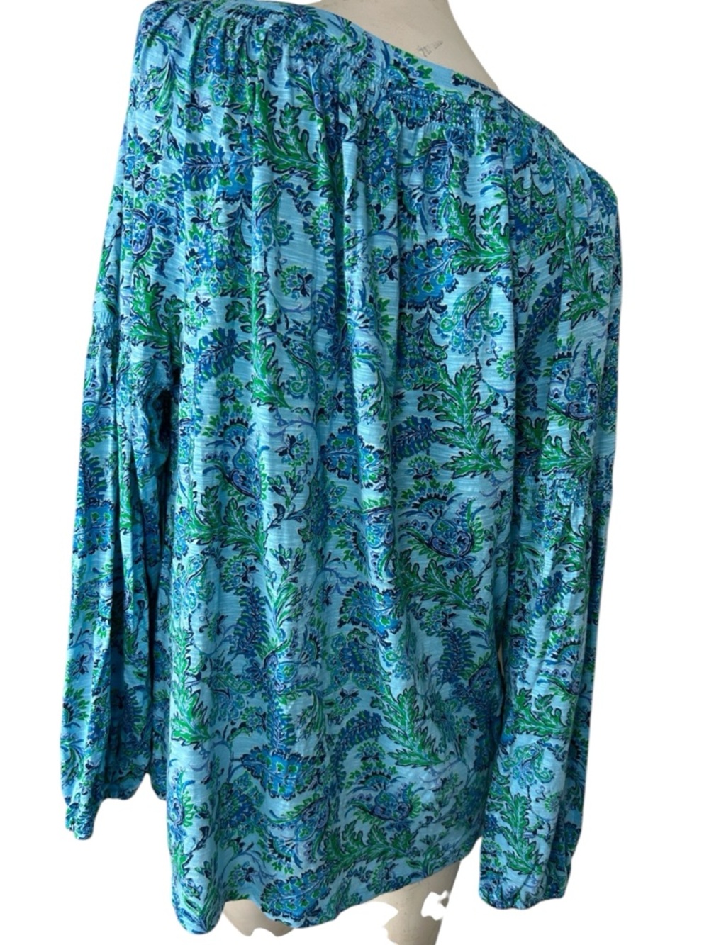 J. Jill Paisley Floral Top Large Tall Blue Green Boho Long Sleeve Blouse Stretch - Picture 6 of 7